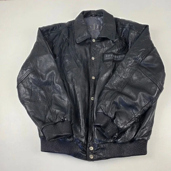 VTG DAVNUCCI Mens Black Genuine Leather Bomber Jacket PatchesXL Can fit 2XL